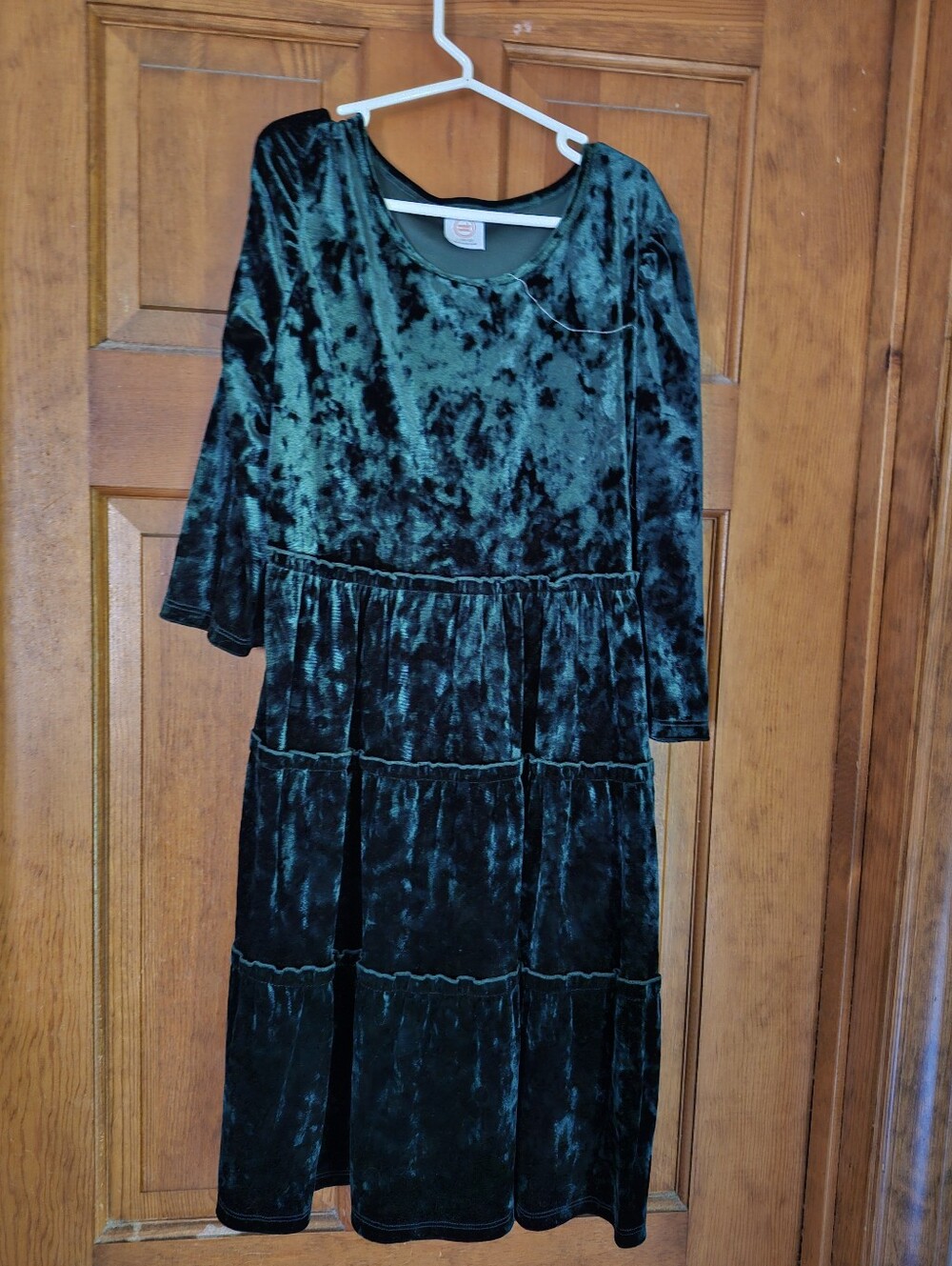 Girls Velvet Tiered Dress in Teal Green